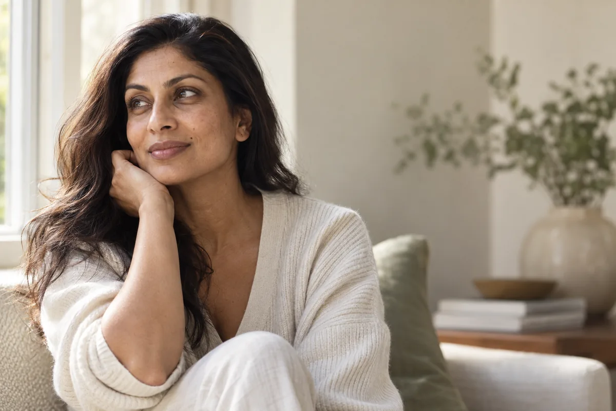 Editorial portrait of an adult woman with natural skin texture