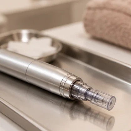 Pen-shaped microneedling device on a clean treatment tray