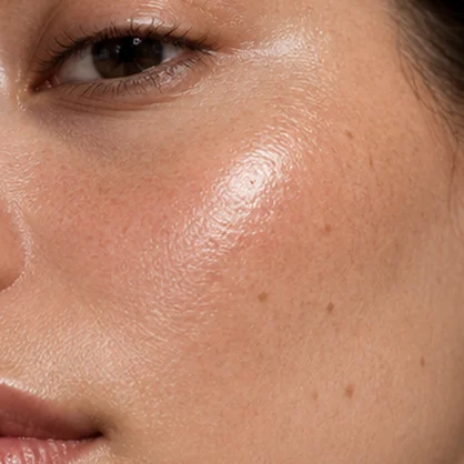 Close detail of natural cheek skin in warm light