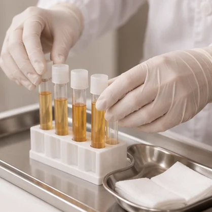 Clinical tray with gloved hands and preparation tubes